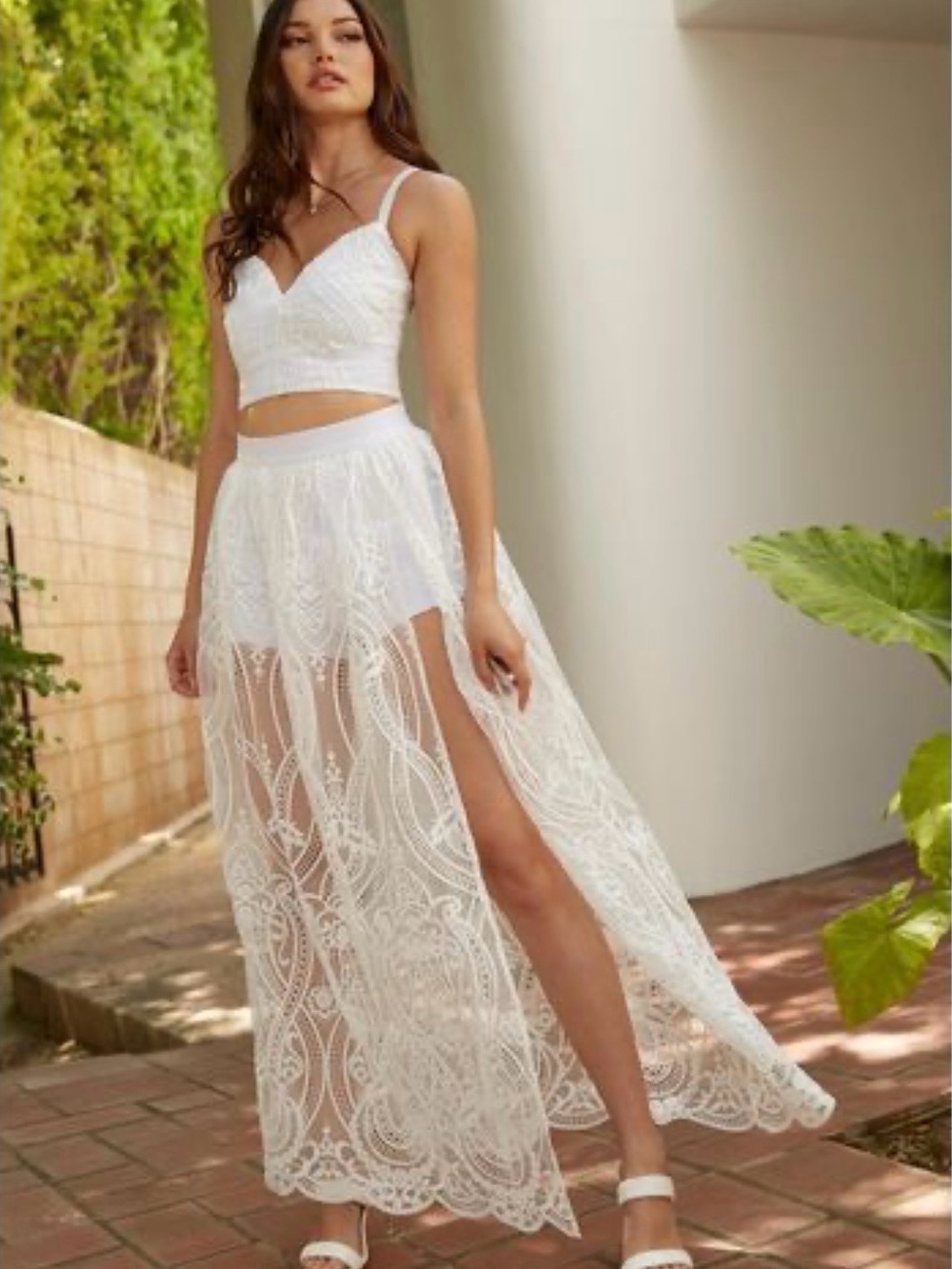 bebe White Sheer Lace Maxi Skirt with High Side Slit and Lined Mini